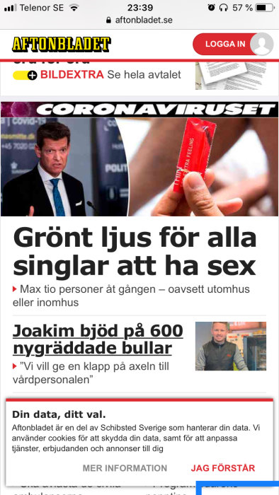 Skärmdump från Aftonbladet med artiklar om coronadirektiv och bulle-donation till vårdpersonal.