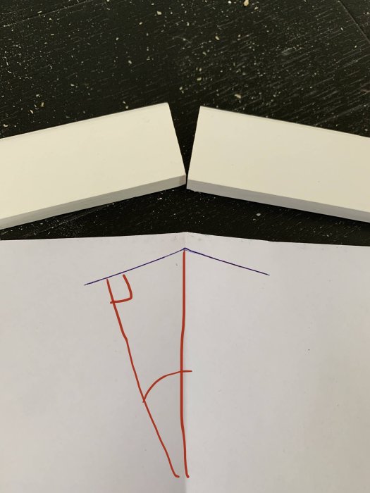 Två vita snedskurna lister ovanför en handritad figur som illustrerar sågvinklar på ett pappersark.