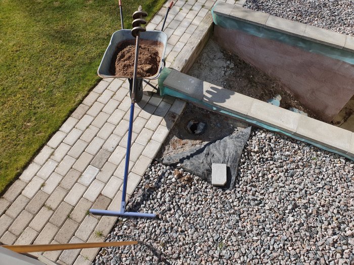 Jordborr och skottkärra intill öppet brunnschakt med synligt vattenförande sandlager och grusytan runt om.