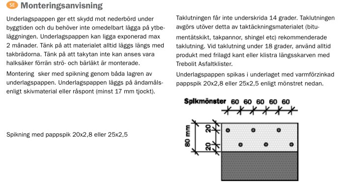 Monteringsanvisning för undre lagret av takpapp med spikmönster och information om läggning och spikning vid olika taklutningar.