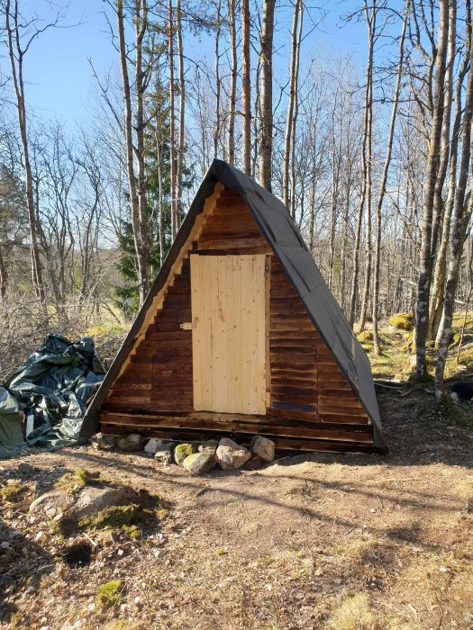 Nybyggd A-formad stuga med färdiga kortsidor och dörr utan isolering i skogsmiljö.