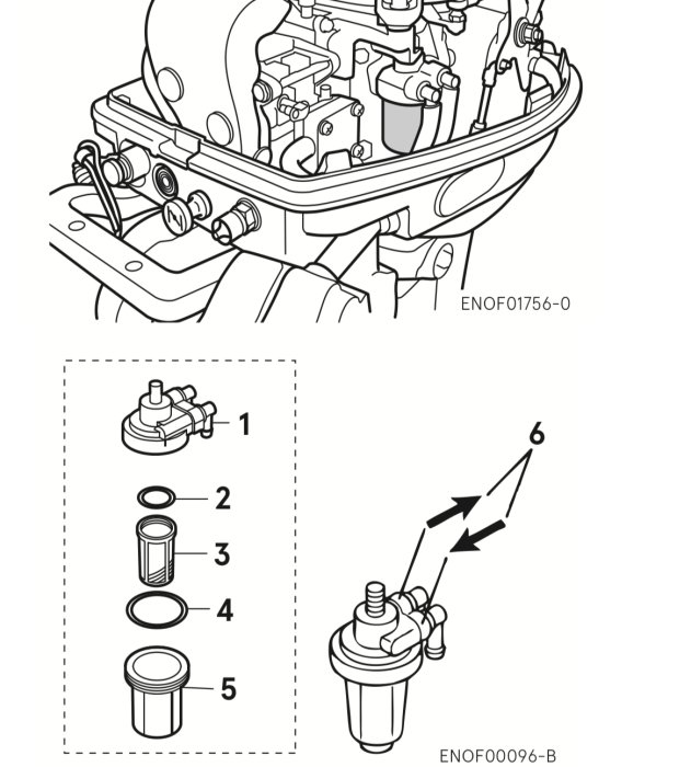 Illustration av en båtmotor med identifierade komponenter, inklusive bränslepump och filter, samt en demonteringsguide.