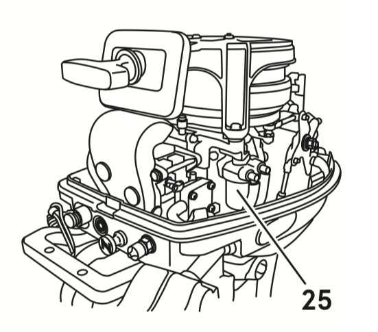 Illustration av en båtmotor med märkta komponenter som bränslefiltret och bränslepumpen.