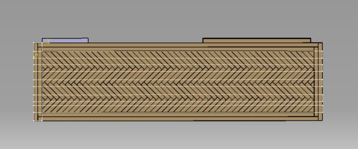 Datorgenererad skiss av trädäck med diagonala träplank och omkretsram.