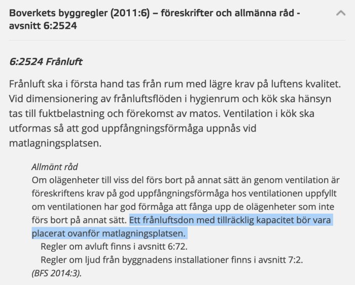 Skärmdump av Boverkets byggregler, avsnitt om frånluft med överstruket textstycke om placering av frånluftsdon.