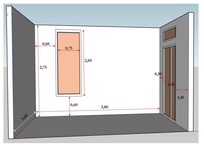 Diagram av uterum med måttangivelser på väggar och fönster.