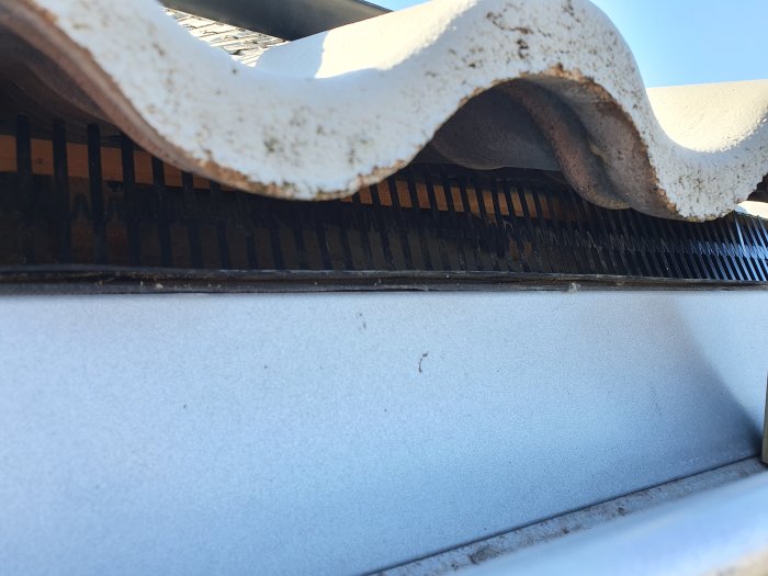Installation av fågelskydd under takpannor, med spröt vända uppåt för korrekt placering av pannor och band.
