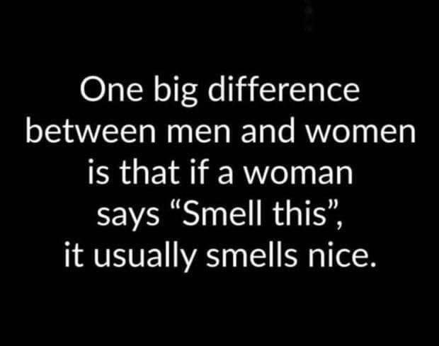 Text på svart bakgrund som säger "One big difference between men and women is that if a woman says 'Smell this,' it usually smells nice.