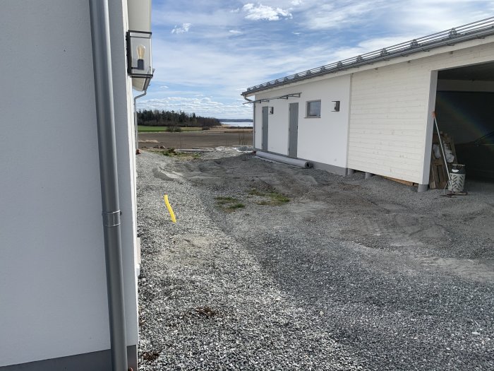 Grusad yta mellan ett hus och ett garage, med en person som lutar sig mot garageväggen på avstånd.