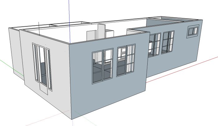 3D-modell av ett tvådelat grått gårdshus med markeringar för befintliga och planerade fönster.