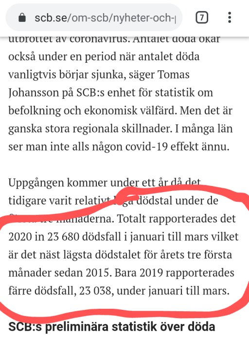 Skärmbild av statistik från SCB om dödsfall i Sverige med markerad text om dödstal innan COVID-19.
