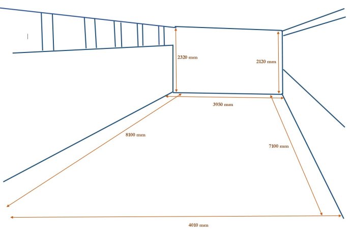 Arkitektonisk ritning som visar måtten på ett uterum med skjutpartier och burspråk.