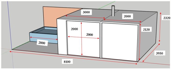 3D-ritning av ett uterum med måttangivelser, intill ett hus och altan.