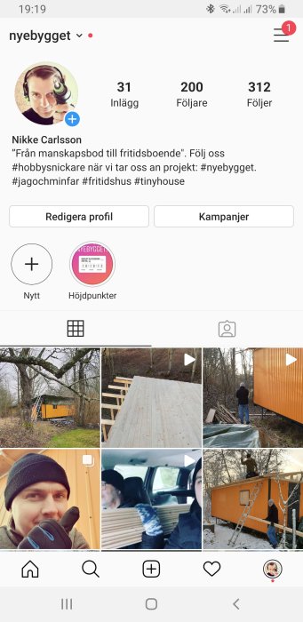 Skärmdump av Instagram-profilen 'nyebygget' med bilder från ombyggnaden av manskapsbod till fritidsboende.