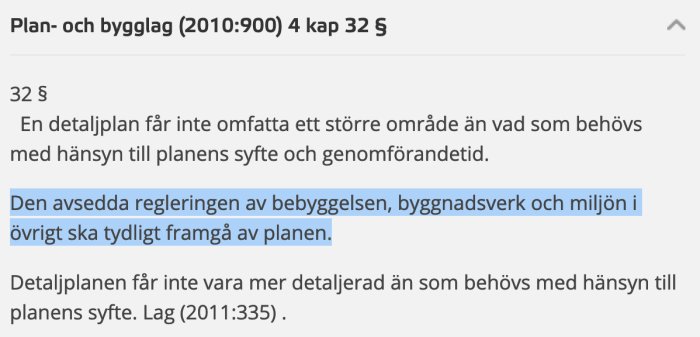 Skärmdump av lagtext från Plan- och bygglagen med fokus på formuleringen om reglering av bebyggelse.