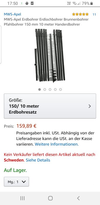 Skärmbild av borrutrustning på Amazon med flera metallförlängningsrör och en 15 cm borrspets.