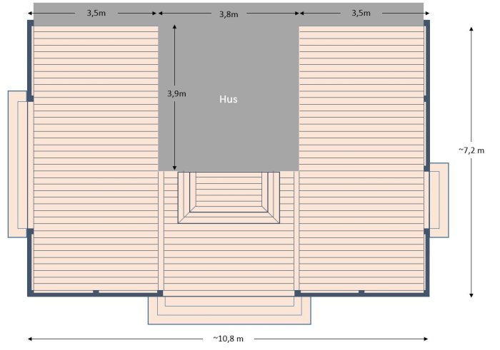 Principskiss av planerad 60 kvm altan runt farstukvist på ett hus med måttangivelser.