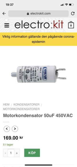 Kondensator 50uF 450VAC på webbsida med pris och lagerstatus, ekonomiskt inköp under pandemin.
