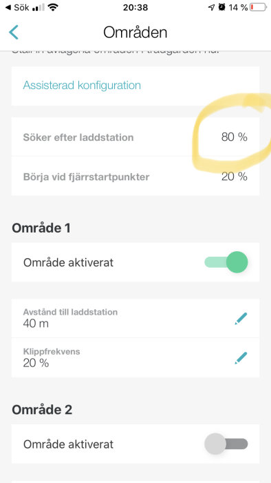 Skärmdump av en mobilapp som visar att sökning efter laddstation är aktiverad med 80% batteri.
