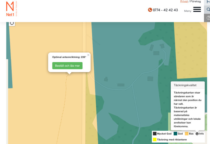 Täckningskarta från Net1 med optimal antennriktning på 239° för förbättrad signal.