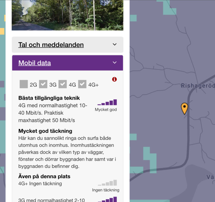 Skärmdump av en mobil täckningskarta som visar 'Mycket god' 4G-täckning på en landsväg omgiven av träd.