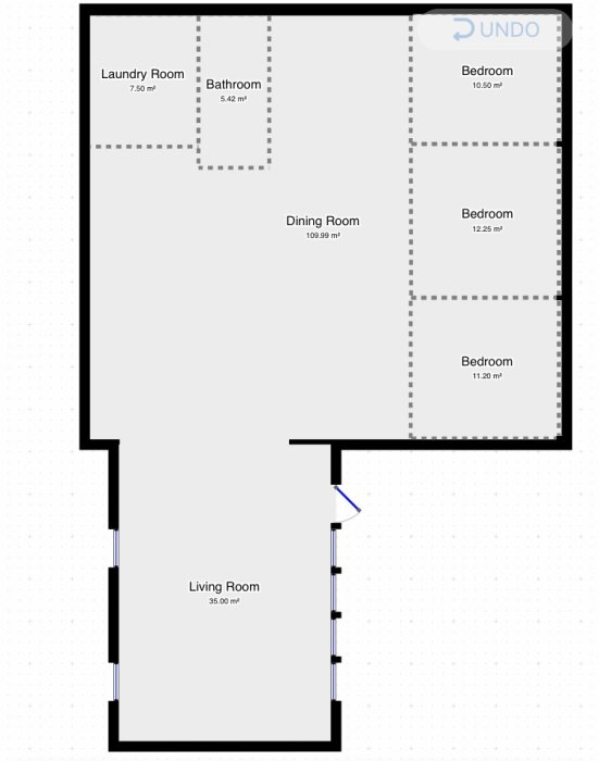 Svartvit planritning av ett bostadshus med utsatta mått för vardagsrum, badrum, tvättstuga och sovrum.