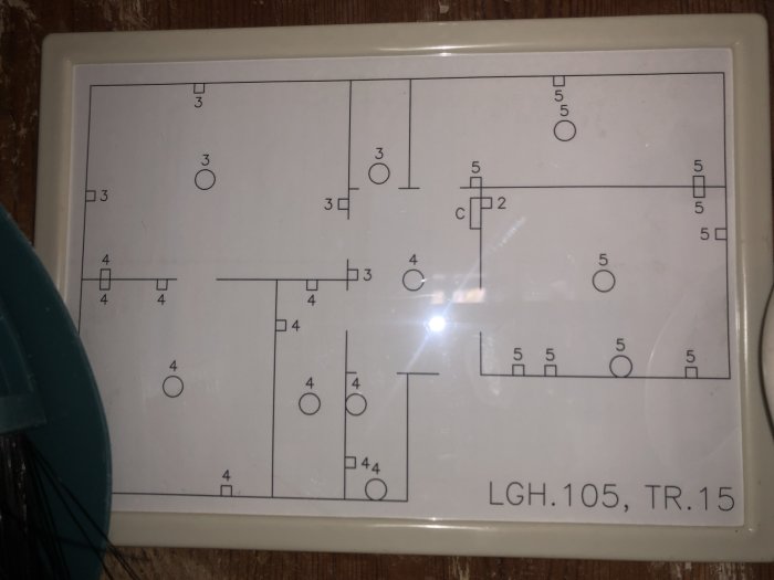 Bild på ett elskåp med etiketter och siffror som visar en lägenhets elplan.