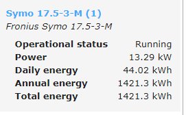 Skärmdump av Fronius solenergisystem med driftstatus 'Running' och visning av effekt på 13.29 kW samt energiproduktion.