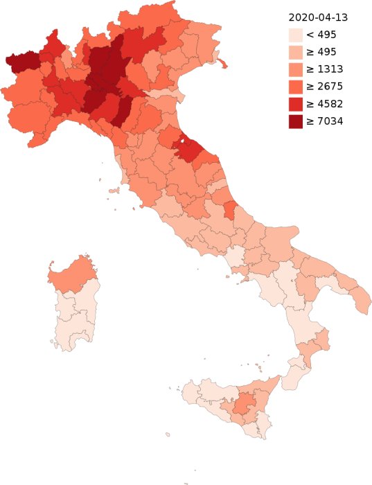 Karta över Italien med färgkodade regioner som visar antal döda per miljon invånare relaterat till sjukvårdsanspråk.
