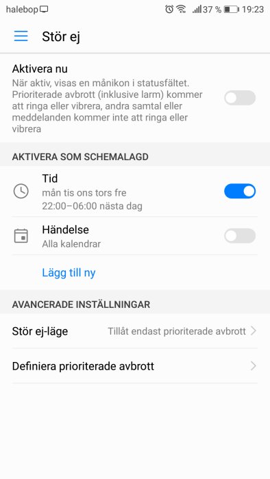 Skärmdump av Android-inställningar för Stör Ej-läget med alternativ för aktivering och schema.