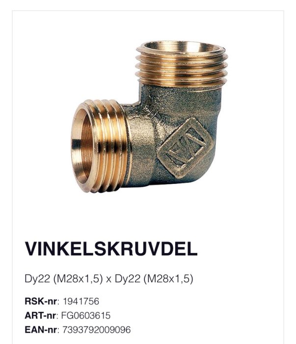 Mässingsvinkelskruvdel med dubbla Dy22-gängor för VVS-installationer, RSK-nr 1941756, ART-nr FG0603615.