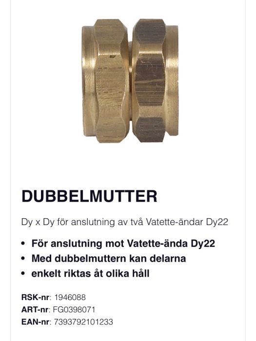 Mässingsfärgad Vatette dubbelmutter Dy22 för röranslutning, med specifikationer och produktkoder.