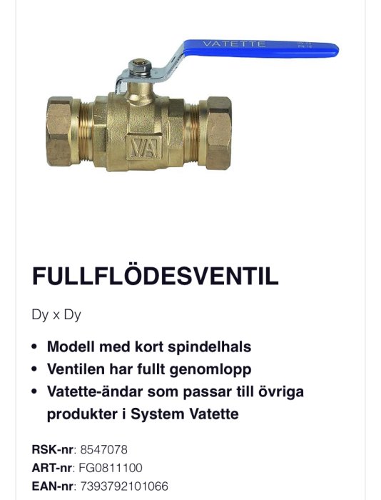Bilden visar en fullflödesventil av märket Vatette med teknisk information och artikelnummer för användning i VVS-projekt.