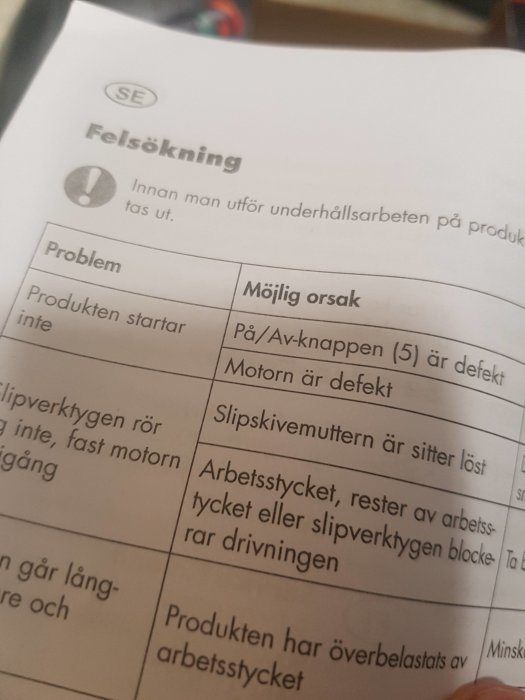 Närbild på en manual för felsökning av en produkt med en tabell för problem och möjliga orsaker på svenska.