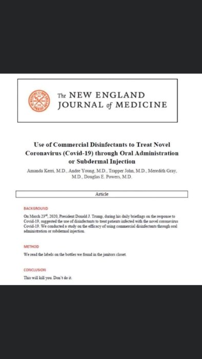 Förfalskad artikelrubrik från "The New England Journal of Medicine" om användningen av desinfektionsmedel mot Covid-19.