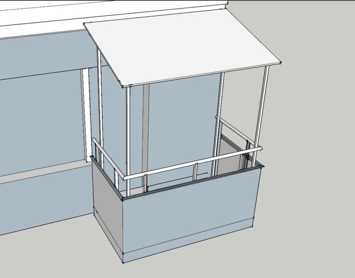 3D-skiss av balkong med en konstruktionsidé för sol- och regnskydd monterat på golvet.