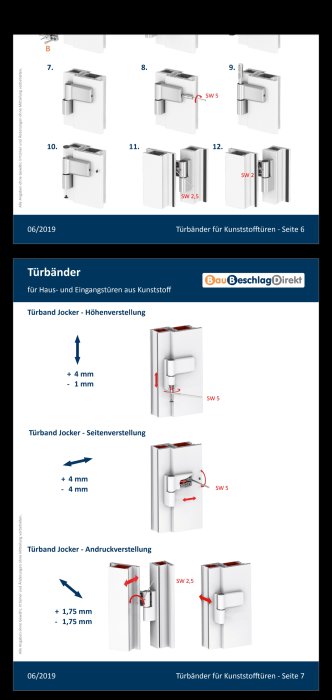 Instruktionsbilder för justering av dörrgångjärn för plastdörrar med angivna verktygsstorlekar.