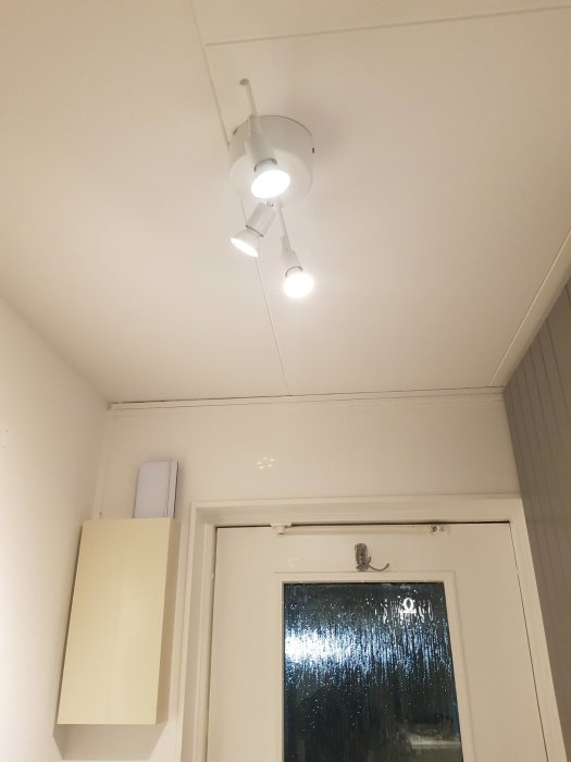 Välupplyst hall med två aktiva taklampor och en dörr med frostglas.