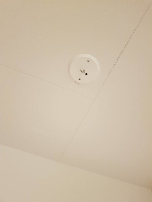 En av två lampanslutningar i en vit takyta i en hall.