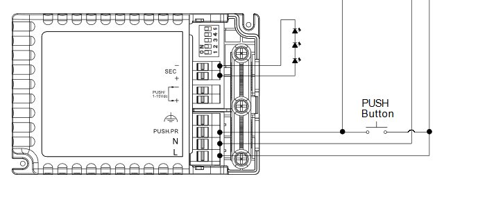 Elektriskt kopplingsschema med etiketter, inklusive "PUSH PR" på primärsidan och en PUSH-knapp.