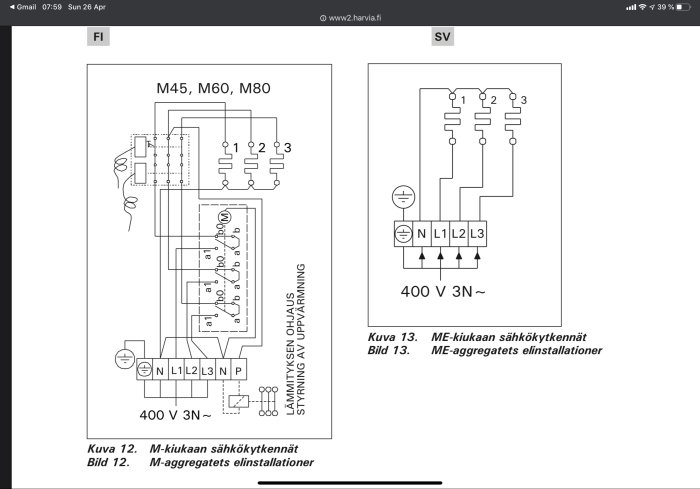 Elektriska scheman för Harvia M45 bastuaggregat med styrningsingång P markerad.