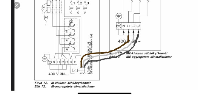 Elektriskt schema som visar P-utgången på M-aggregat och dess anslutning till ME-aggregat.