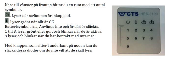 En elektronisk enhet med symboler och lysdioder för strömtillstånd, OK-status, batteri och nätverksaktivitet.