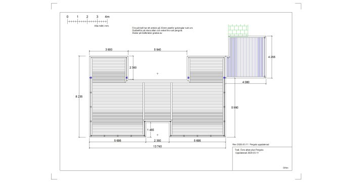 Ritning av en altan med dubbel fris och sektionerad layout, samt övre delen av en pergola, med måttangivelser.