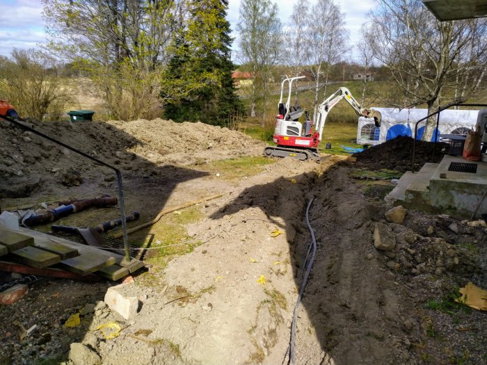 Grävarbete runt hus med uthyrd motorspade, upplagda jordhögar och synliga el- och vattenledningar.