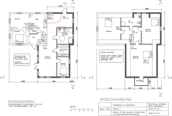 Reviderade arkitektritningar för en tillbyggnad med planlösningar och sektionsritningar.