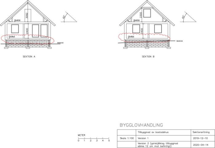 Arkitektritningar över reviderade sektioner för tillbyggd del av bostadshus, markeringar för tillgänglighetsanpassning.