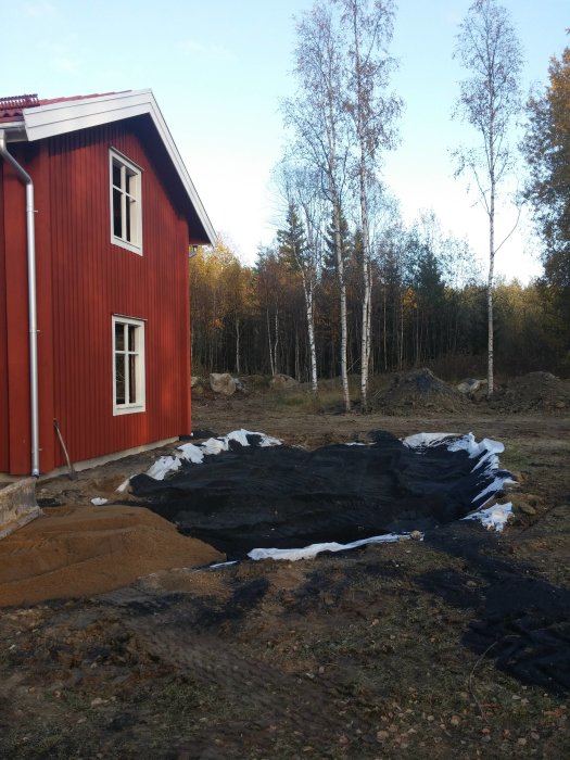 Markduk på utgrävd yta vid röd husgavel med högar av järnsand beredda för uteplatsprojekt.