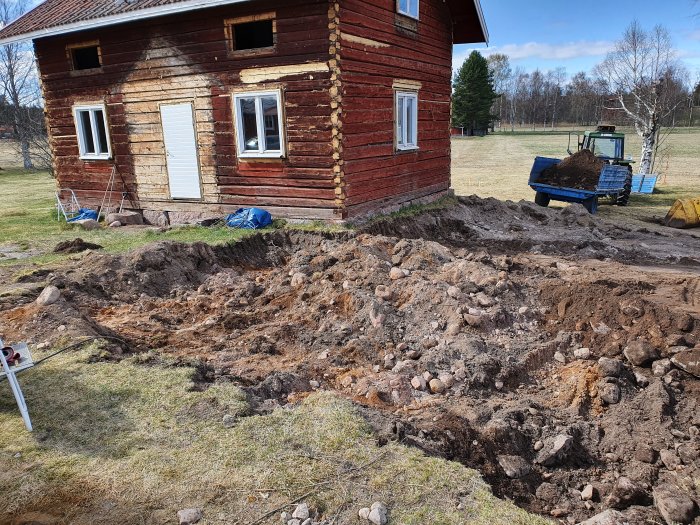 Grävmaskin och uppgrävd mark vid gammalt rött trähus, klar för grundarbete.