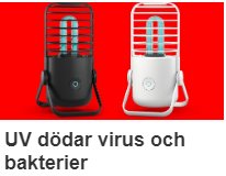 Röd och vit UV-desinfektionsanordning för skor med texten "UV dödar virus och bakterier".